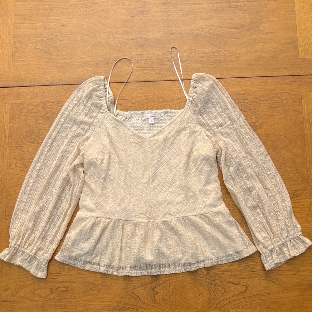 LC Lauren Conrad Cream Blouse with Sheer Sleeves